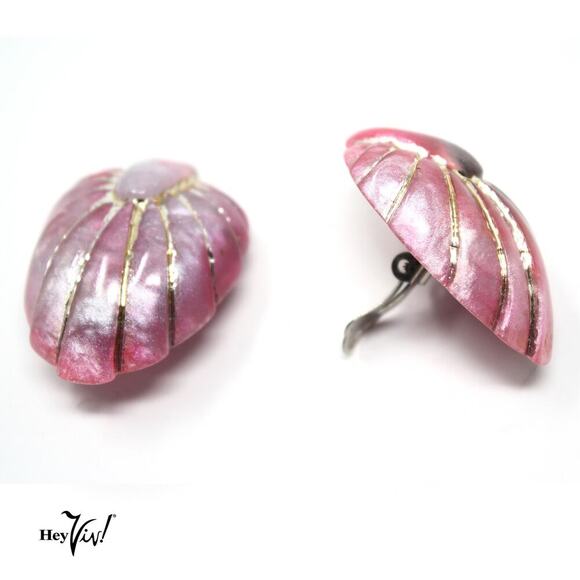 Vintage 80s Statement Earrings Shiny Pink Marbleized Plastic w Silver - Hey Viv - Picture 2 of 4